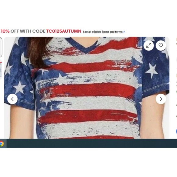 Denim & Co American Flag Print Short Sleeve V-Neck Top Pale Blue/Red M A291647 - Picture 2 of 2